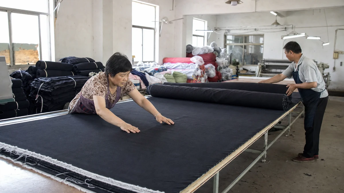 Fabric being prepared on a production cutting table