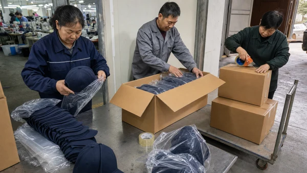 Caps being prepared and packed into cartons