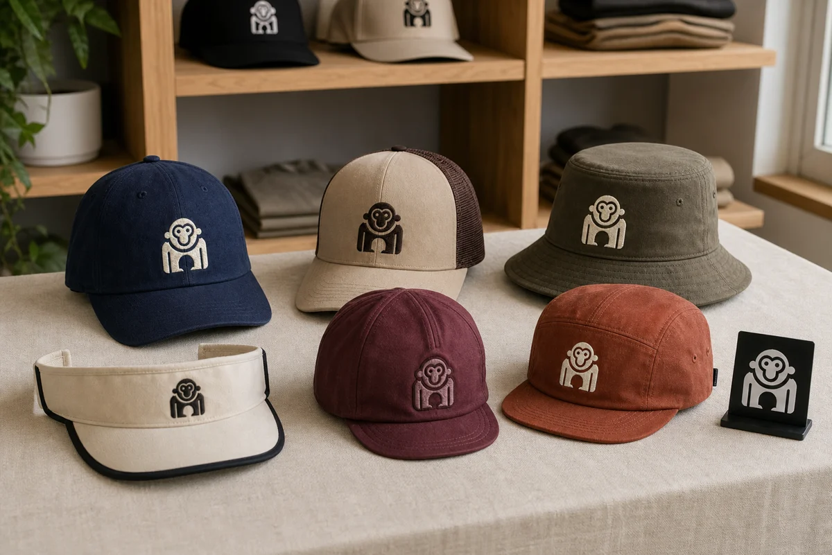 Collection of caps showing different decoration and brand details