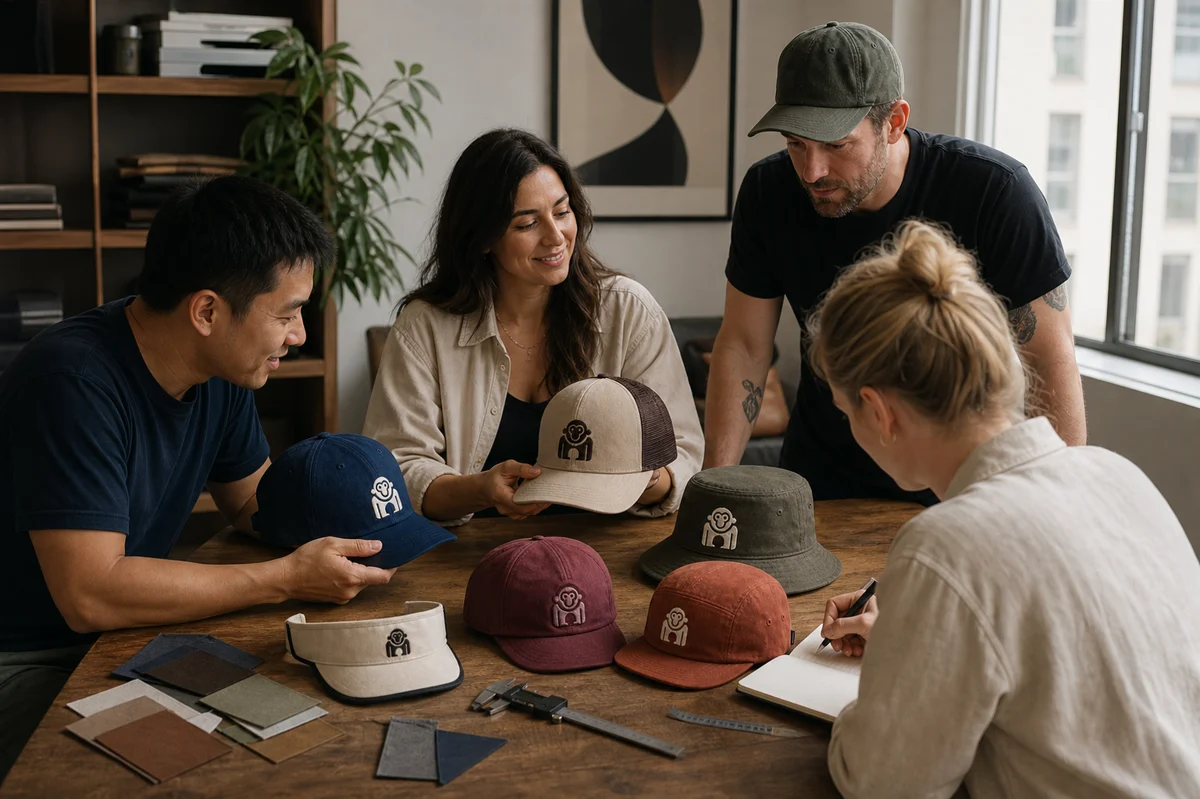 Reviewing cap samples and design details at a table