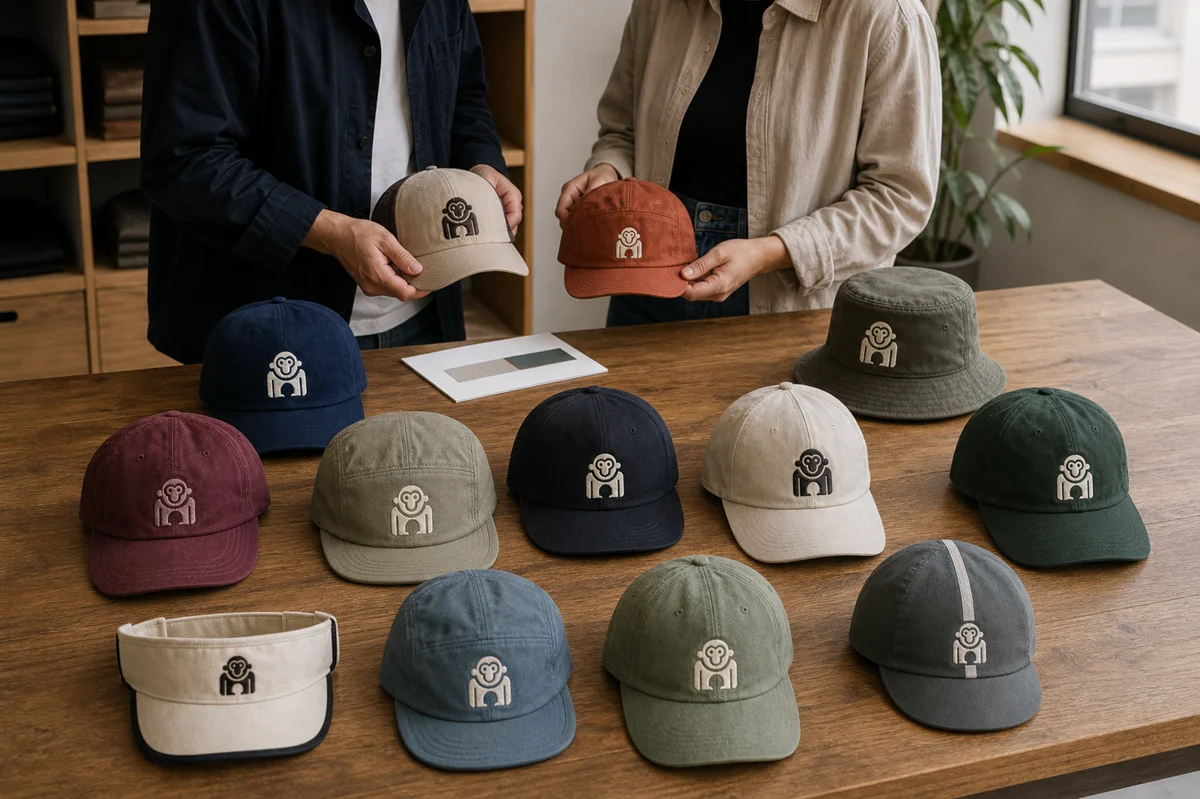 Reviewing a coordinated lineup of cap colors