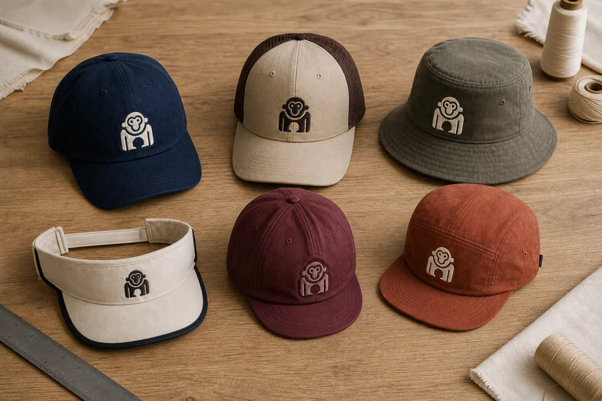 A collection of custom baseball, trucker, bucket and cycling caps on a wooden table