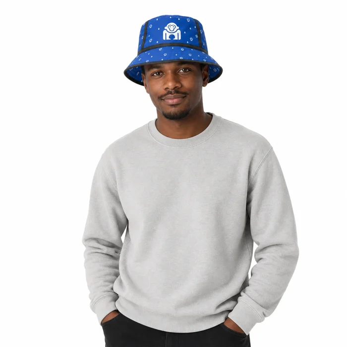 Printed bucket hat worn by a model